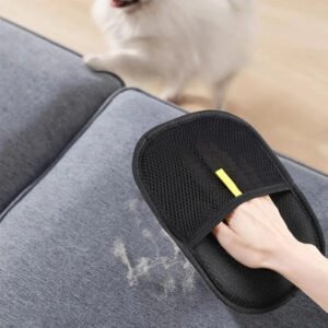 Reusable pet hair removal glove for cats and dogs, soft silicone grooming brush removing loose fur, dander, and dirt while cleaning and massaging pets gently.